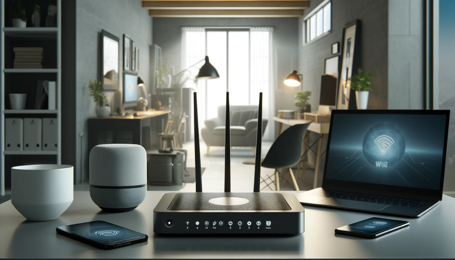A sleek, modern router with advanced technology features prominently on a home office desk, surrounded by connected devices.